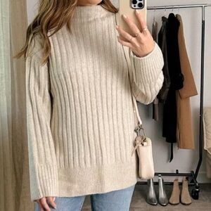 NEW! Abercrombie & Fitch Tan Ribbed Funnel Neck Tunic Sweater M Longer Length